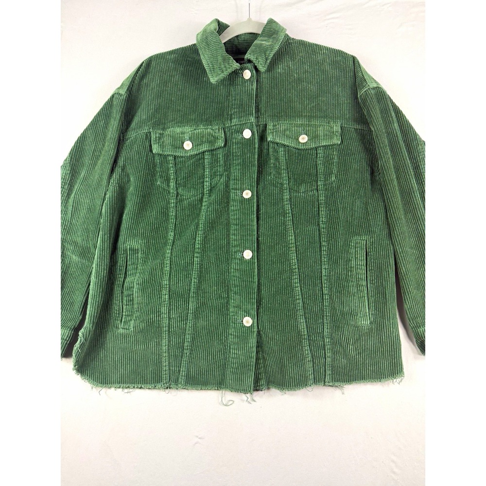 forever 21 green button front corduroy jacket, pockets, long sleeve, women's M